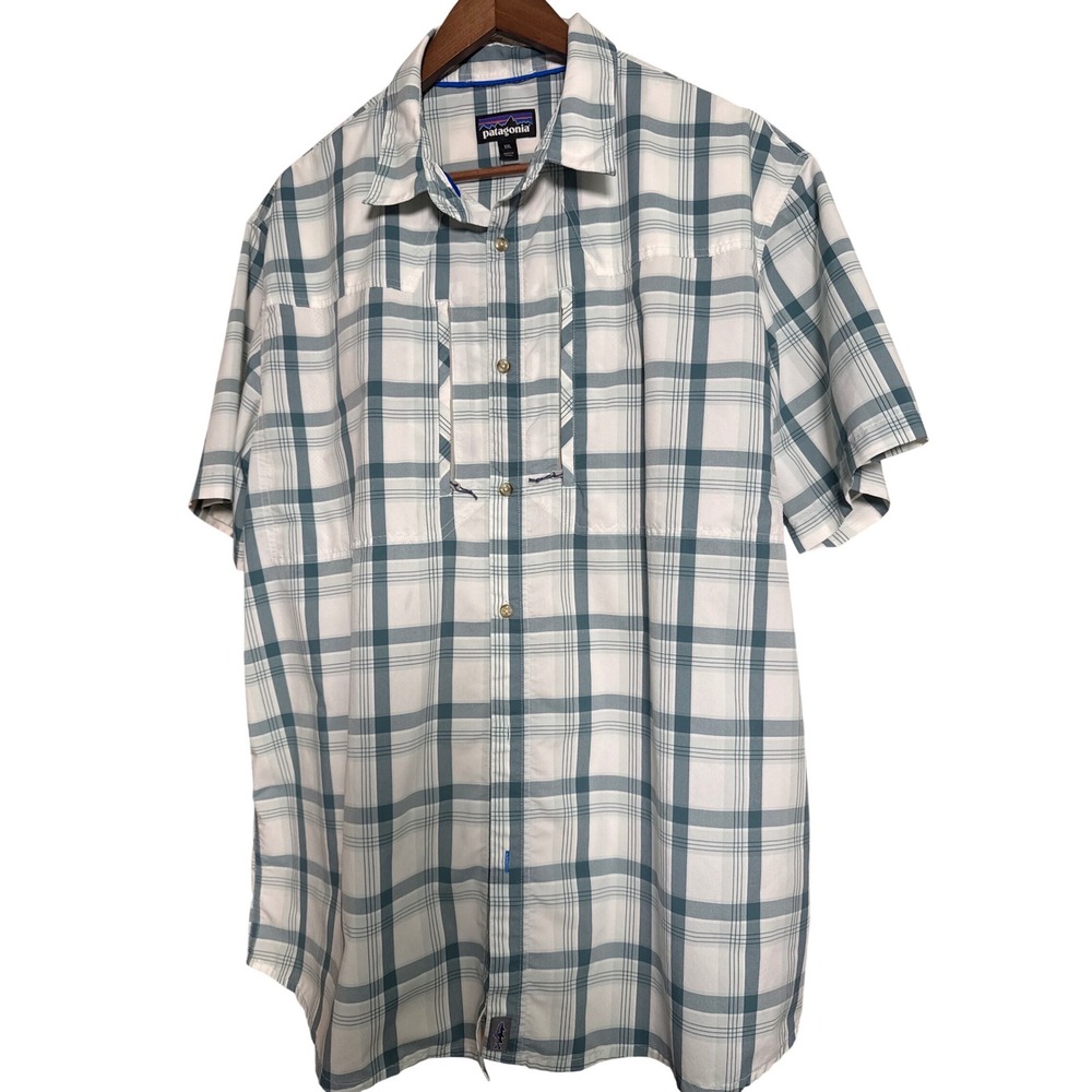 Patagonia Mens XXL Plaid Short Sleeve Button Up Shirt Teal White Zipper Pockets